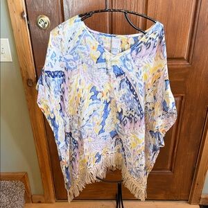 Chico’s‎ Linen Weave Watercolor Paisley Crochet Fringe Sz L/XL Poncho Top NWT